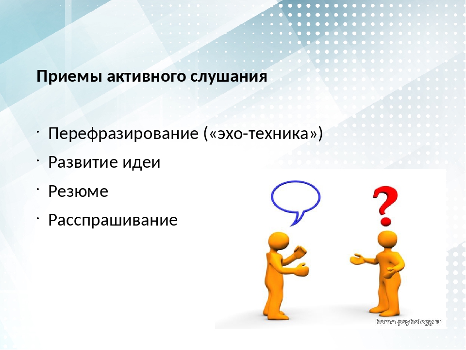 Активная техника. Техники активного слушания Эхо. Приемы активного слушания. Приемы активного слушания перефразирование. Активное слушание техники и приемы.