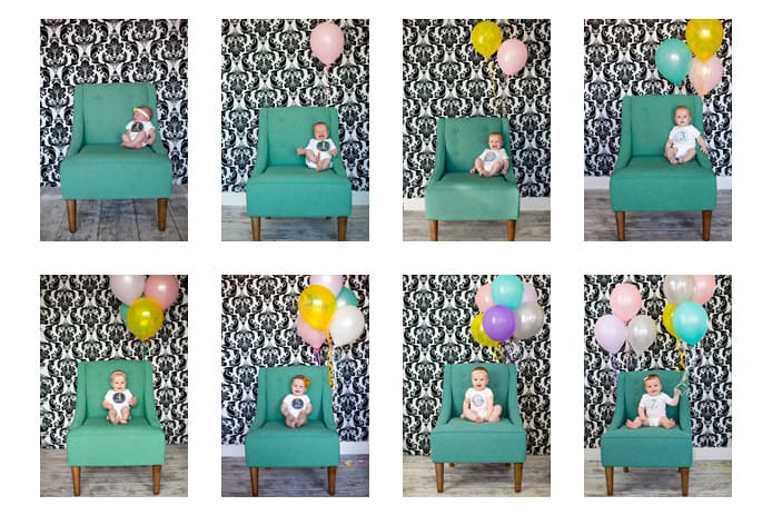 A patterned wall and balloons